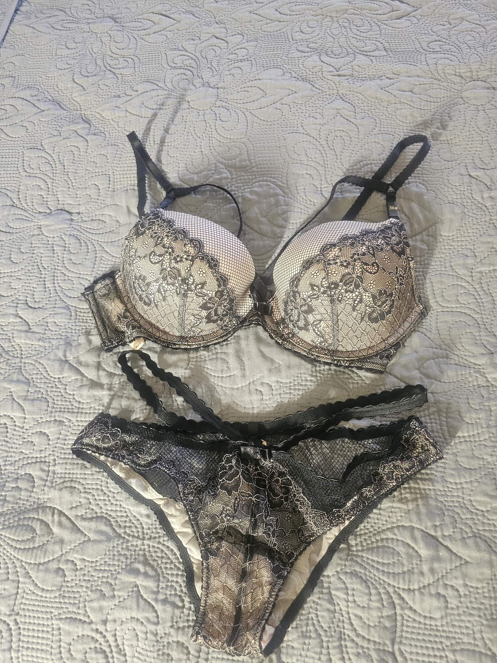 Victoria's Secret Beige and Black Lace Push-Up Bra & Bikini Set